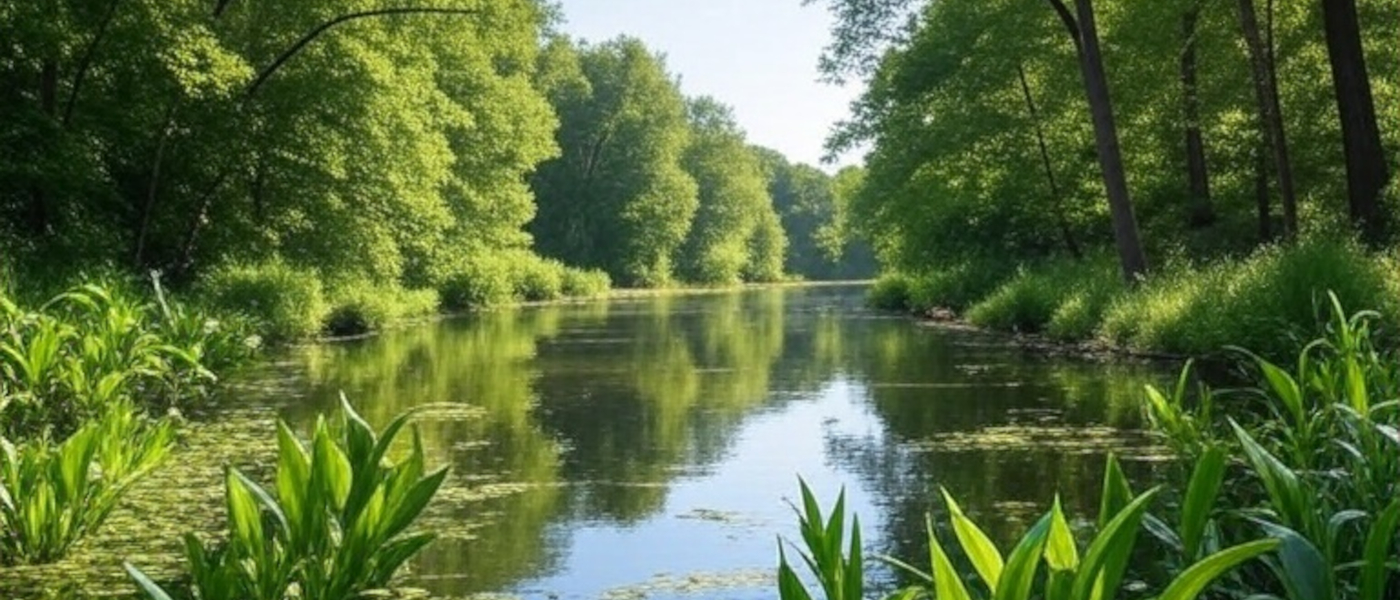 A serene horizontal image of a lush forest with a clear river flowing through, surrounded by green vegetation and reflecting the sky, symbolizing the abundance of oxygen in Earth's crust, its presence in water, and its role as molecular oxygen in the atmosphere supporting aquatic life.