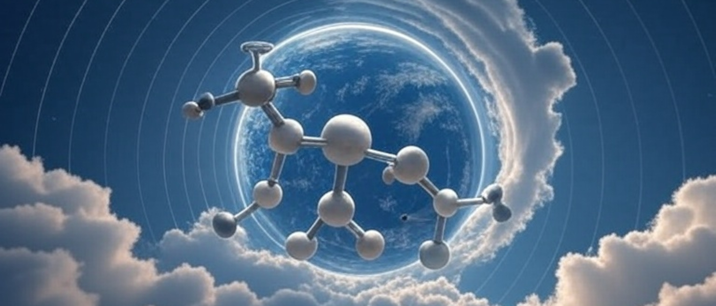 Planet Earth with swirling clouds, overlaid with a molecular structure of ozone (O₃) and dioxygen (O₂), set against a backdrop of a vibrant stratosphere, symbolizing the formation of ozone from UV light and its protective role in the atmosphere.