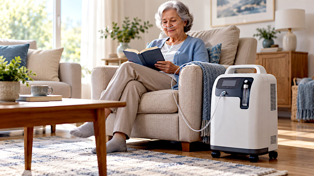 Woman reading at home while using supplemental Oxygen from a Concentrator beside her armchair.
